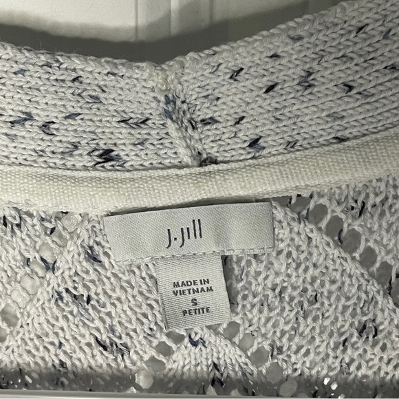 J. Jill Cardigan Small Petite Tweed Crochet Eyelet 3 Button White Blue Speckled - Picture 2 of 6
